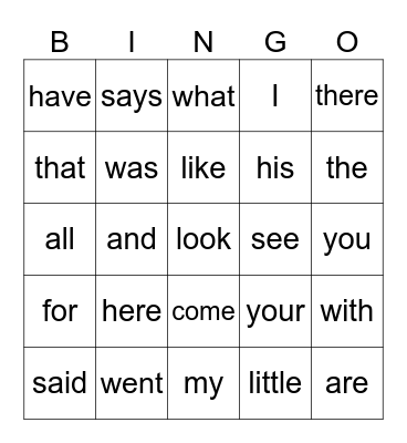 Sight Words Bingo Card