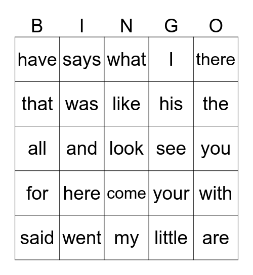 Sight Words Bingo Card