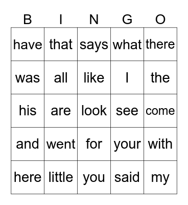 Sight Words Bingo Card