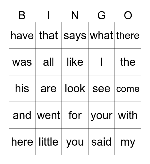 Sight Words Bingo Card