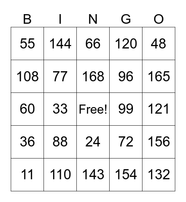11's and 12's Multiplication Tables Bingo Card