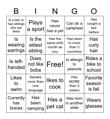 Middle School Human Bingo Card