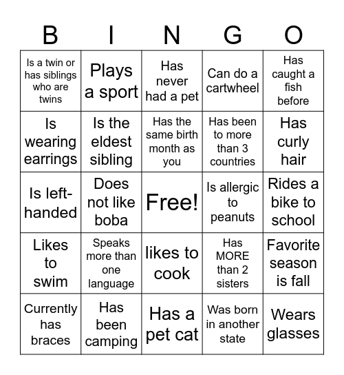 Middle School Human Bingo Card