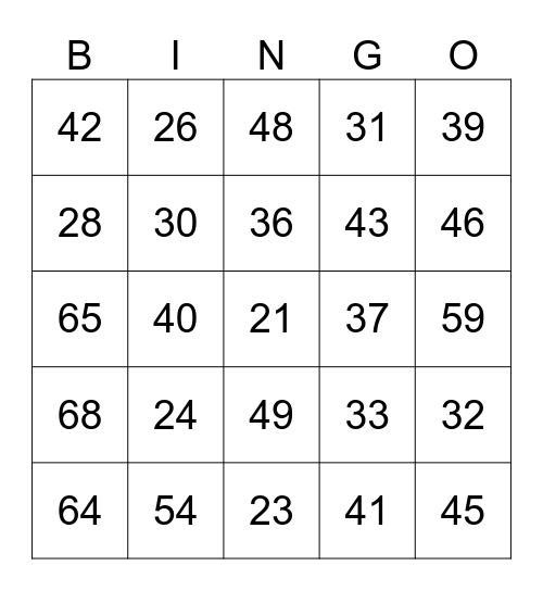 Numbers 21-69 Bingo Card