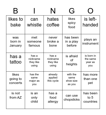 PDS Find a friend! Bingo Card
