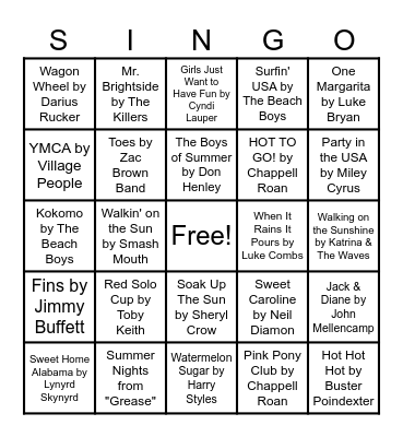 Summer Vibes Singo Bingo Card