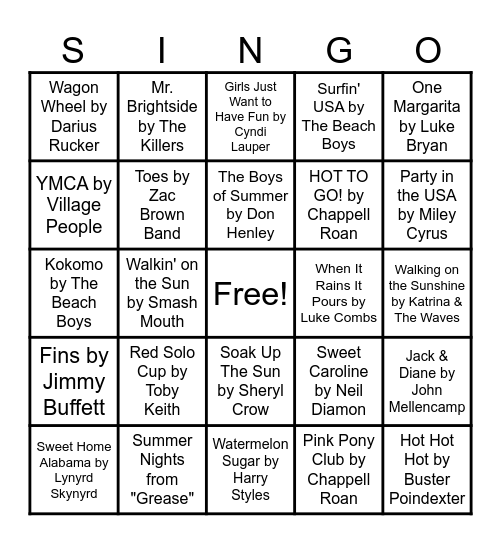 Summer Vibes Singo Bingo Card