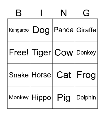 Animal Bingo Card