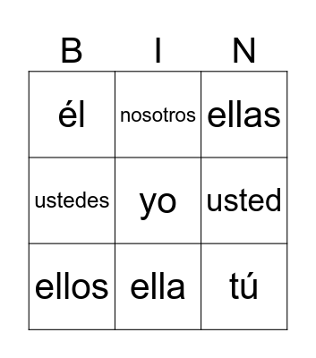 Subject Pronouns Bingo Card