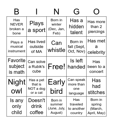 Get to know the class BINGO Card