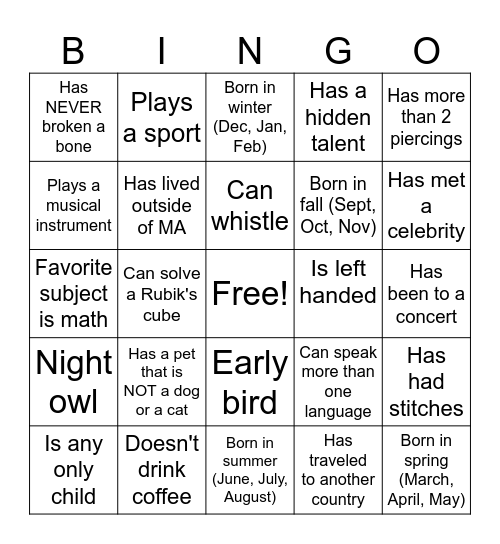Get to know the class BINGO Card