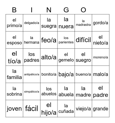 La Familia Vocabulario Bingo Card
