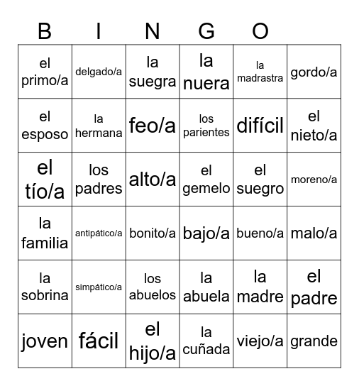 La Familia Vocabulario Bingo Card