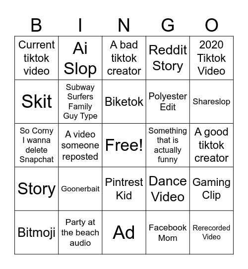 Snapchat spotlight Bingo Card