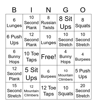 P.E. Bingo Card