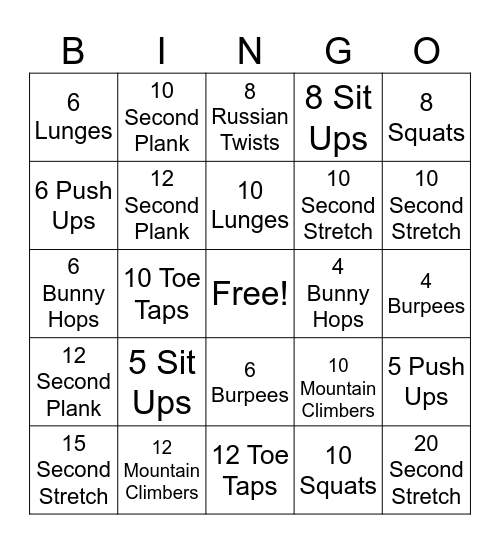P.E. Bingo Card