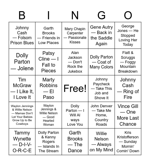 Classic Country Bingo Card