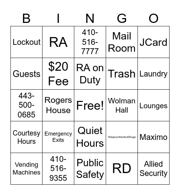 On-Campus Living Bingo Card