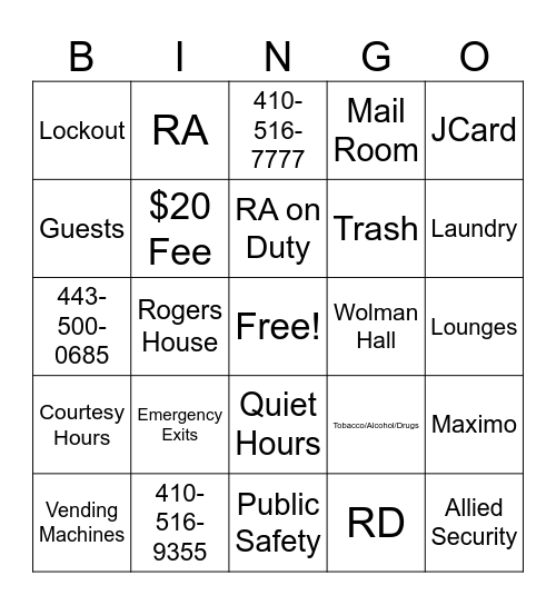 On-Campus Living Bingo Card
