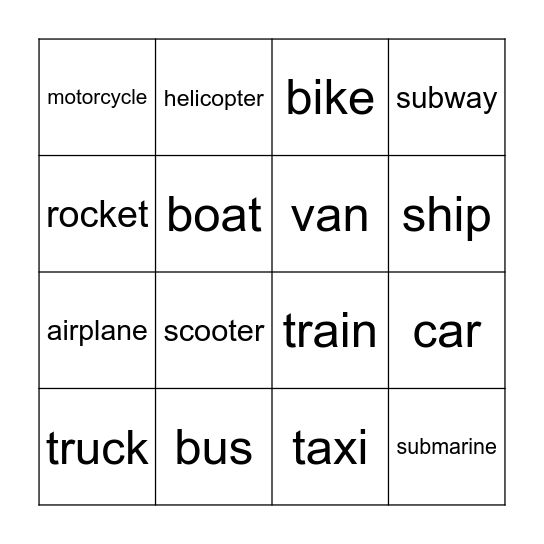 Transportation Bingo Card