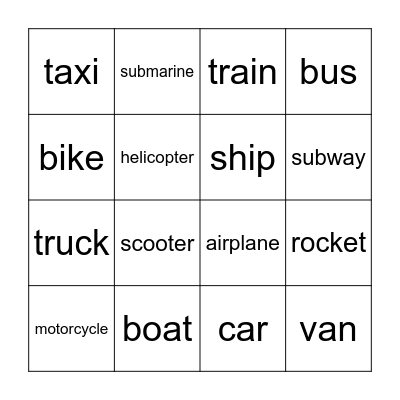 Transportation Bingo Card