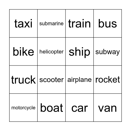 Transportation Bingo Card