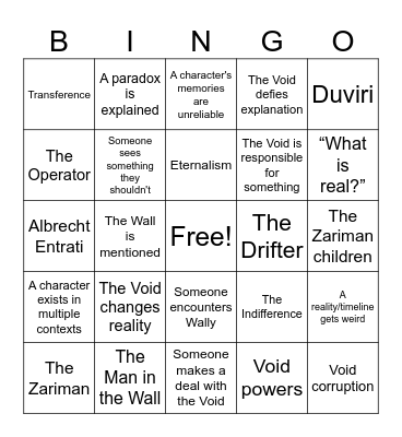 Void Shenanigans Bingo Card