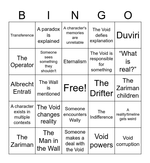 Void Shenanigans Bingo Card
