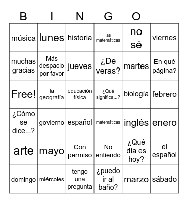 Las materias, los meses y los días Spanish 1 Bingo Card
