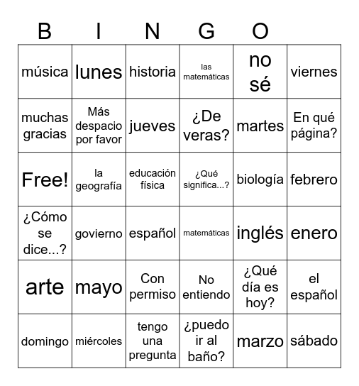 Las materias, los meses y los días Spanish 1 Bingo Card