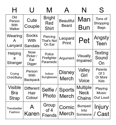 People Watching Bingo Card