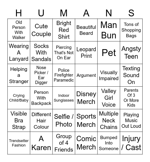 People Watching Bingo Card