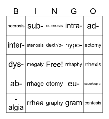 Intro to Medical Terminology Bingo Card