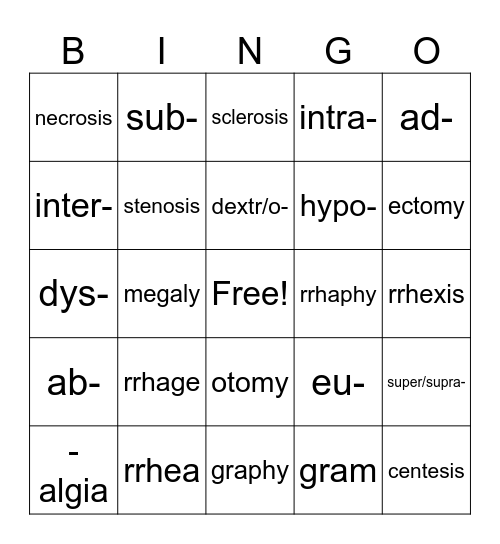 Intro to Medical Terminology Bingo Card