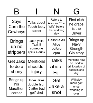 Jake' Bucks Bingo Card