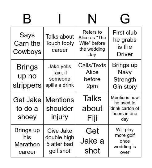 Jake' Bucks Bingo Card