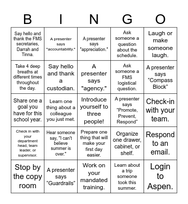 FMS Bingo (New Teachers) Bingo Card