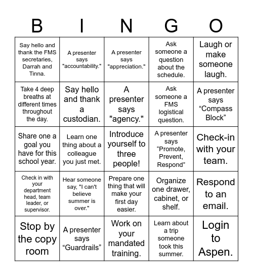 FMS Bingo (New Teachers) Bingo Card