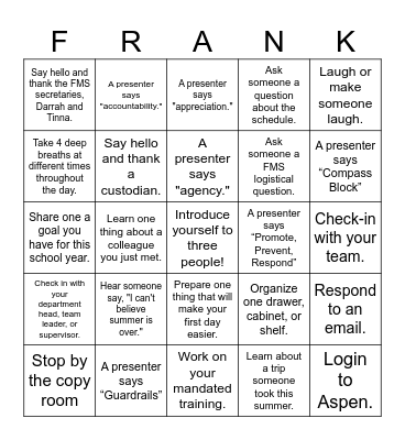 FMS Bingo (New Teachers) Bingo Card