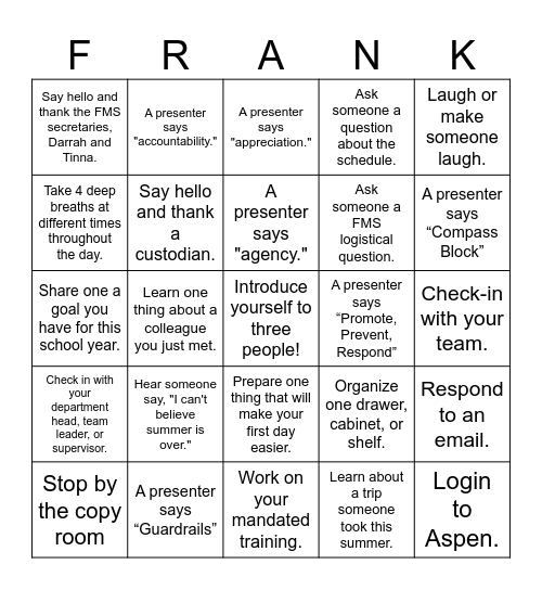 FMS Bingo (New Teachers) Bingo Card