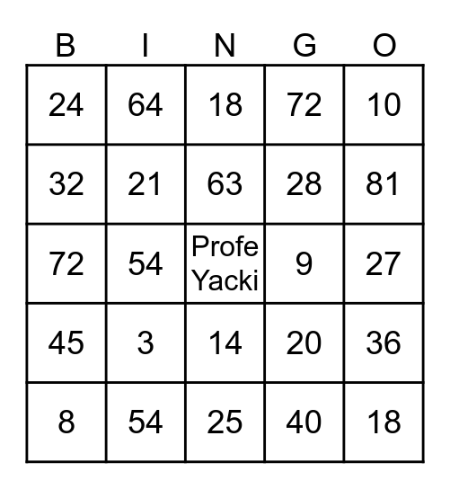 Bingo de multiplicación Bingo Card