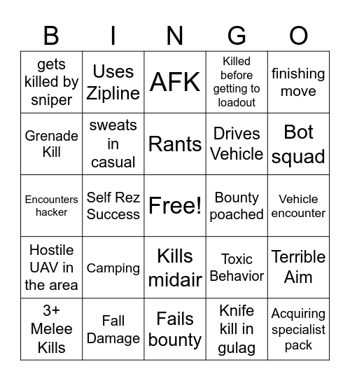 COD WARZONE: luke's Experiences Bingo Card