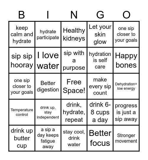Hydration Bingo Card