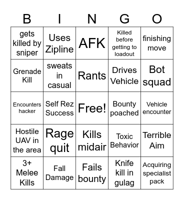 COD WARZONE: luke's Experiences Bingo Card