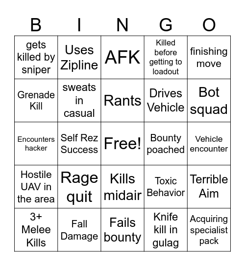 COD WARZONE: luke's Experiences Bingo Card