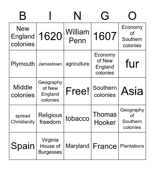 Exploration / Colonization Bingo Card