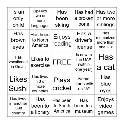 "Get to Know You" Bingo Card