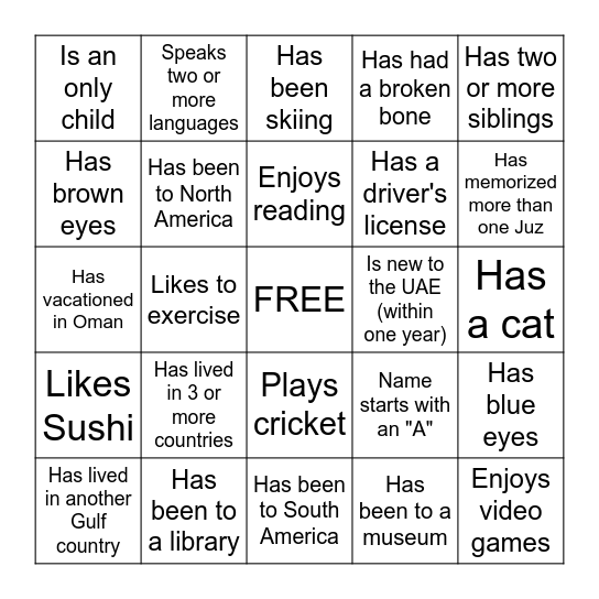 "Get to Know You" Bingo Card