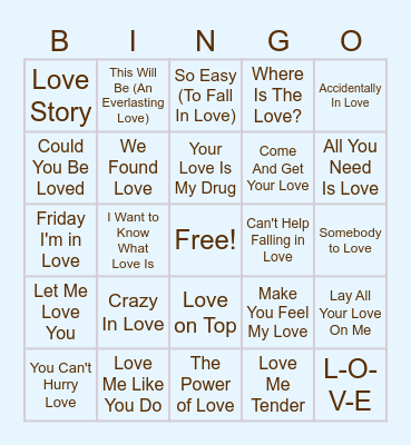 Love Song Bingo Card