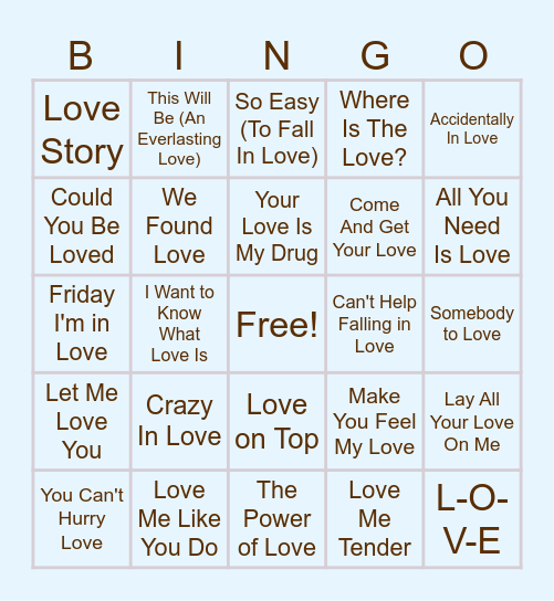 Love Song Bingo Card